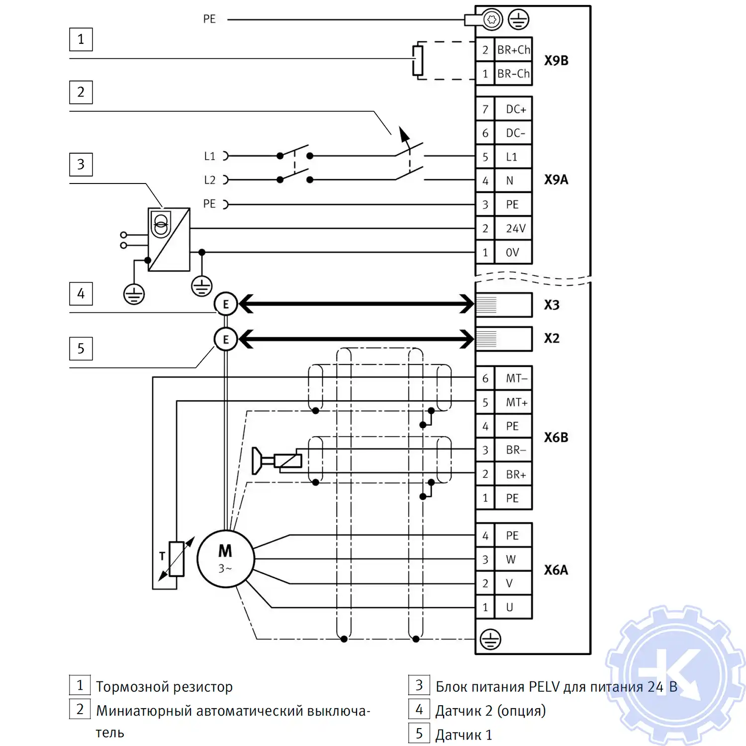Схема подключения, 2-фазное подключение к сети сервопривода FESTO