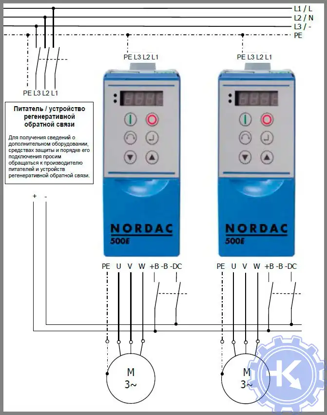 Блок-схема прямого подключения постоянного тока с использованием питателя и устройства регениративной обратной связи ПЧ NORD SK 500E.
