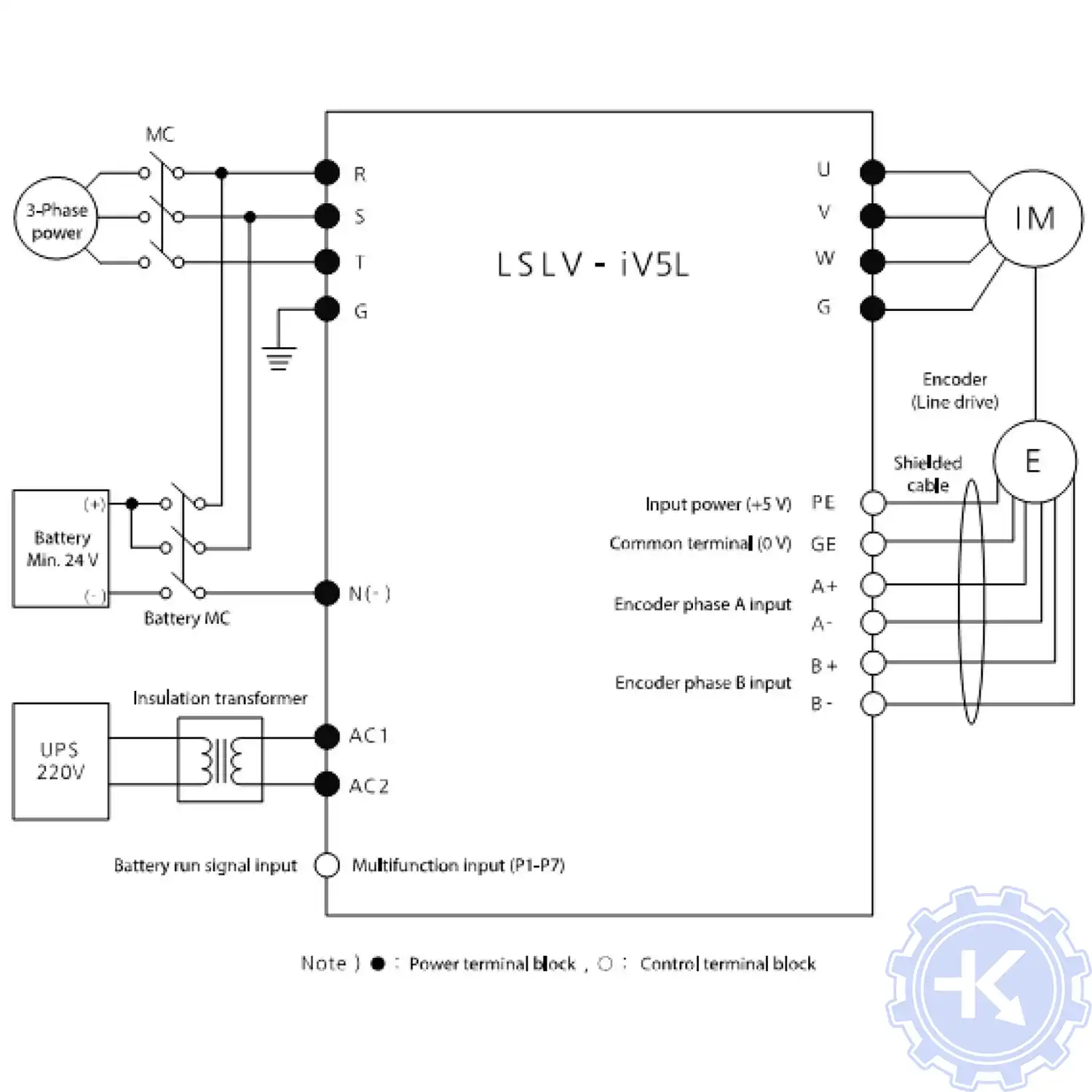 Схема подключения преобразователя частоты LS iV5l с подачей питания напрямую от аккумуляторов Схема подключения преобразователя частоты LS iV5l с подачей питания напрямую от аккумуляторов
