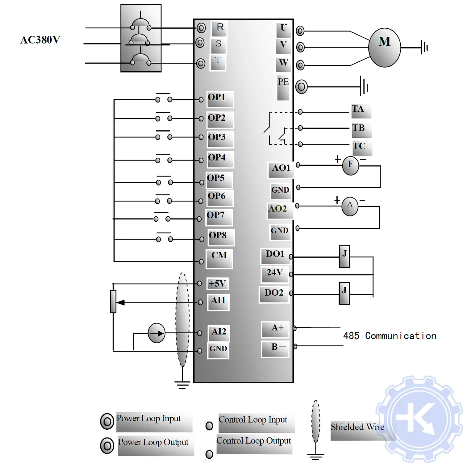 Стандартная схема подключения частотного преобразователя PROSTAR PR8000 к сети 380V