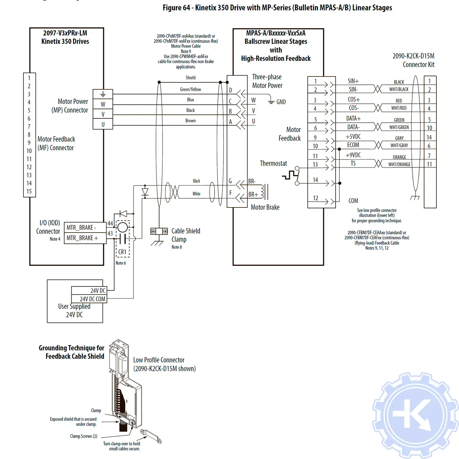 Схема подключения сервопривода Allen-Bradley kinetix 350 к серводвигателю серии MP (Bulletin MPAS-A/B)
