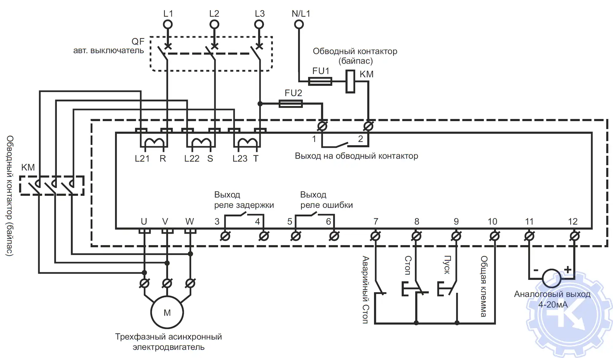 Схема подключения УПП INSTART SSI к трёхфазному двигателю через обводный контактор
