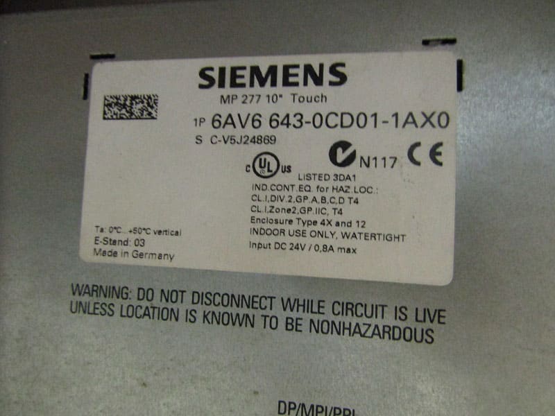 данные cенсорной панели оператора TOUCH 6AV6643-0CD01-1AX0