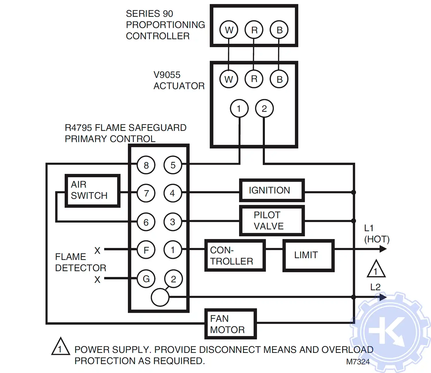 Блок схема подключения сервопривода HONEYWELL V9055 Блок схема подключения сервопривода HONEYWELL V9055