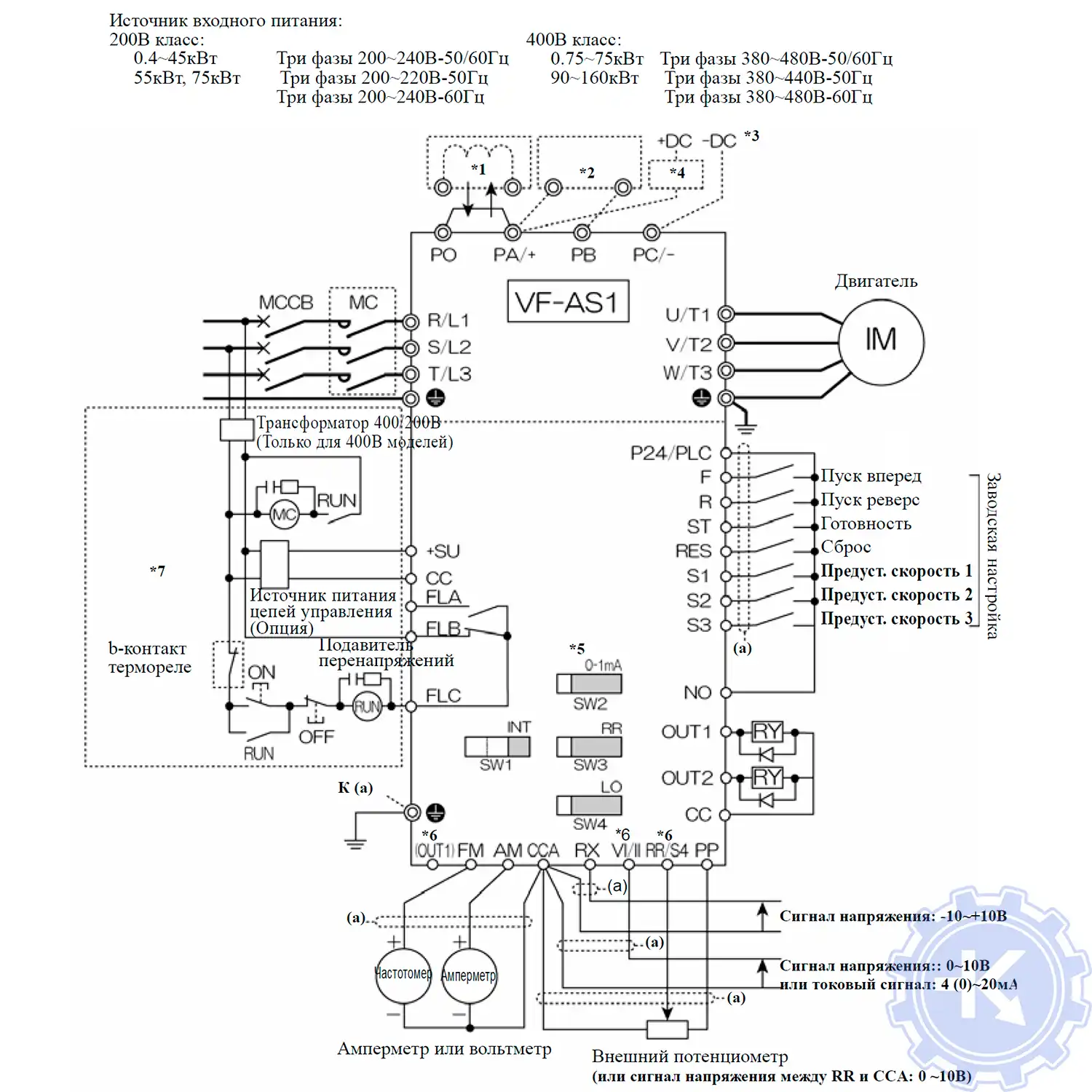 Схема подключения частотного преобразователя TOSHIBA VF-AS1 (инверторов моделей 200В 0.4-75кВт/400В 0.75-160кВт. Общий плюс.)