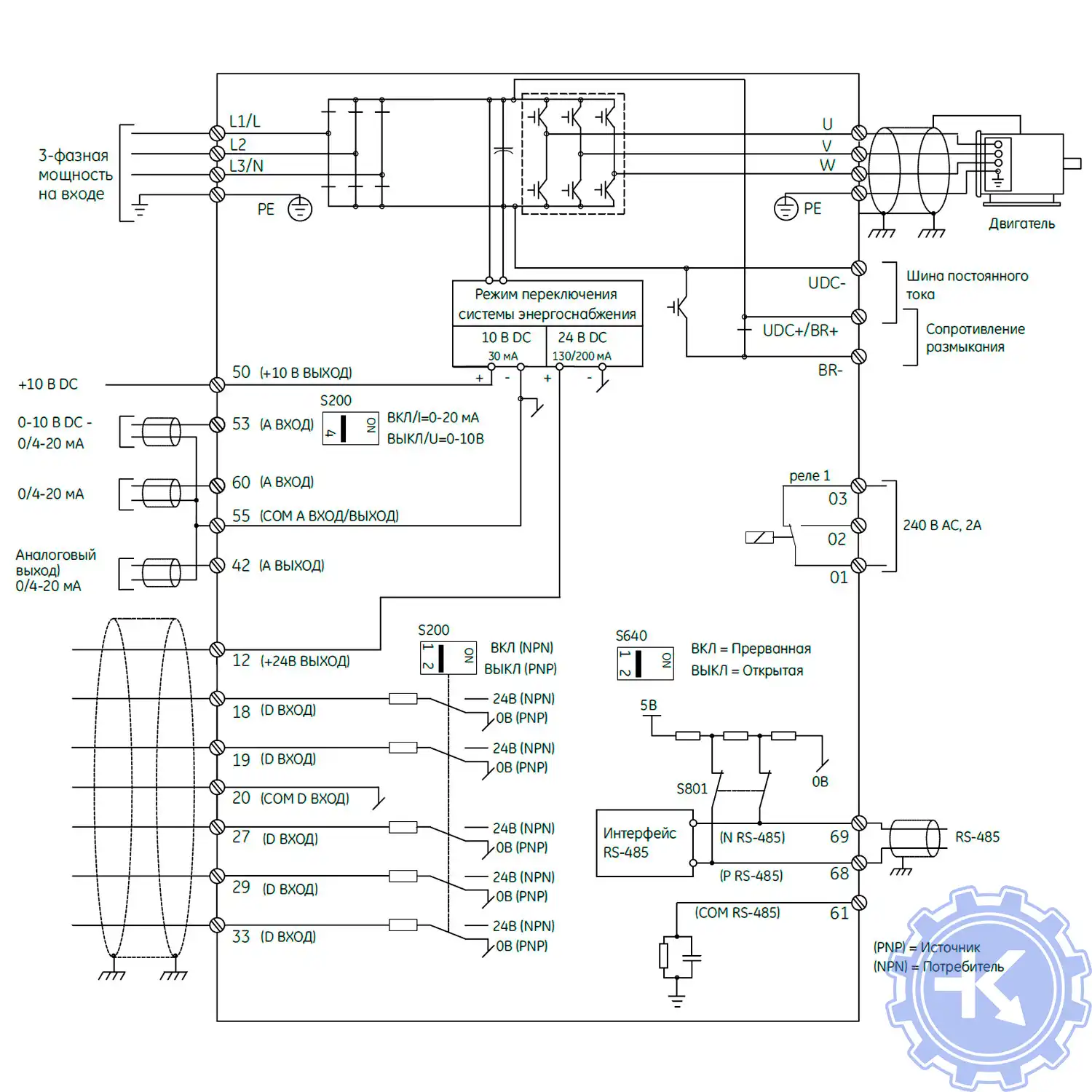 Блок-схема подключения преобразователей частоты General Electric AF-60 LP