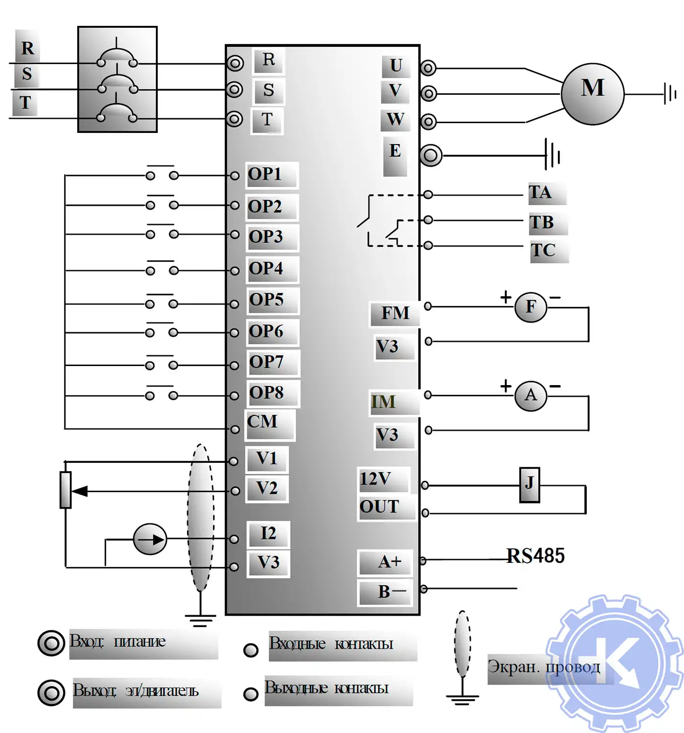 Стандартная блок-схема подключения преобразователей частоты EuraDrives F1000-G 380V