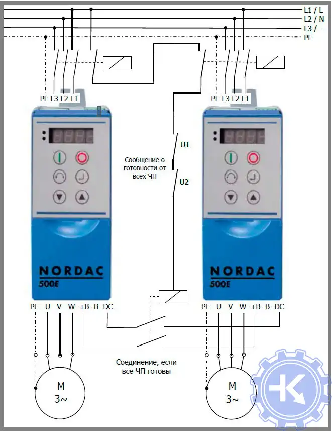Блок-схема подключения постоянного тока ПЧ NORD SK 500E.